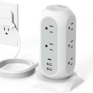 TESSAN Tower Power Strip Flat Plug with 1050J Surge Protection, 6 Ft, Grey