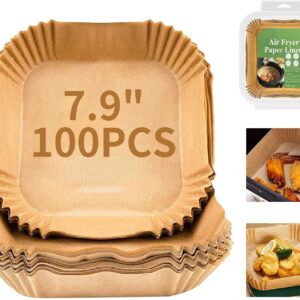 Air Fryer Liners Disposable Paper,100Pcs Parchment Paper Liners,Non Stick Airfryer Paper Liners,Food Grade Air Fryer Accessories WaterProof OilProof for Microwave Oven Steamer 7.9inch Square